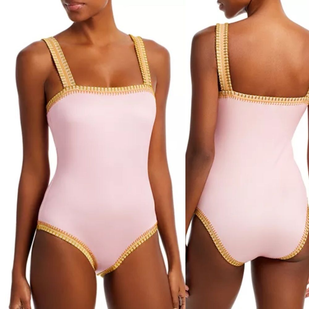NWT Anthropologie Pink One-Piece Swimsuit with Gold Trim